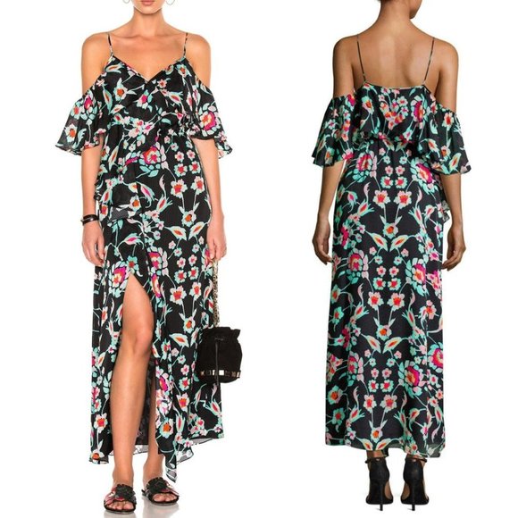 Tanya Taylor Lorena Dress Silk Mosaic Black Floral Striped Layered Maxi 8 Medium